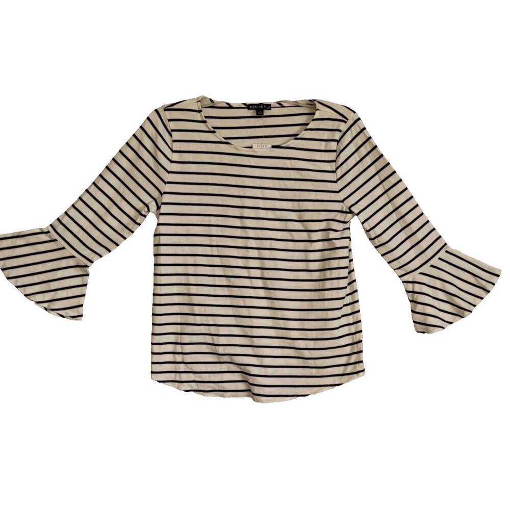 J Crew Mercantile Shirt Womens Small Gray White Stripe Bell Sleeve Stretch